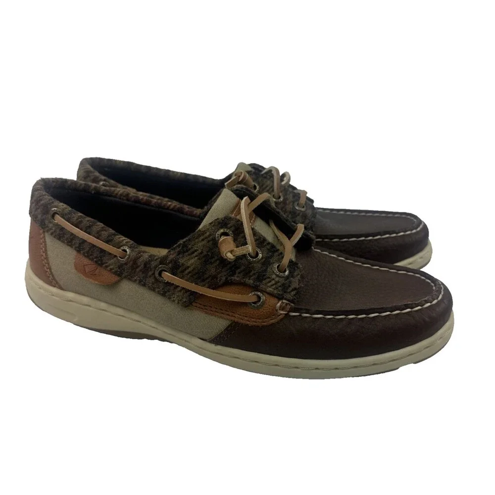 Sperry Boat Shoe Flat‎ Loafer Brown Pebbled Leather Plaid Memory Foam Womens 8.5